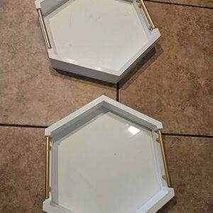 Hexagon White and Gold Wood Nesting Trays Set of 2
